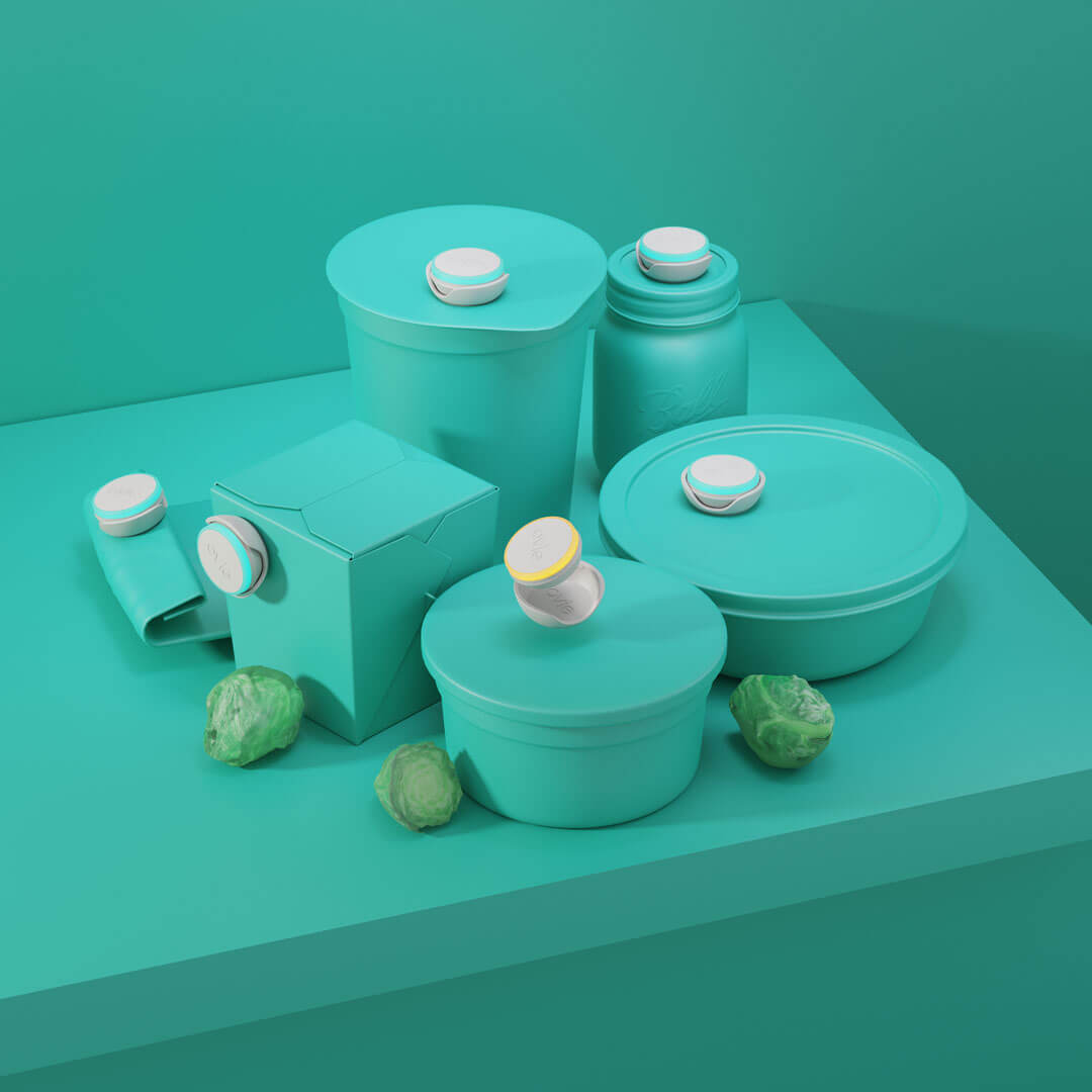 Main image for Ovie LightTag set of 6 on stylized teal green background. All 6 LightTags are lit up and propped on food containers that are colored real to match background. Image is propped with brussels sprouts.