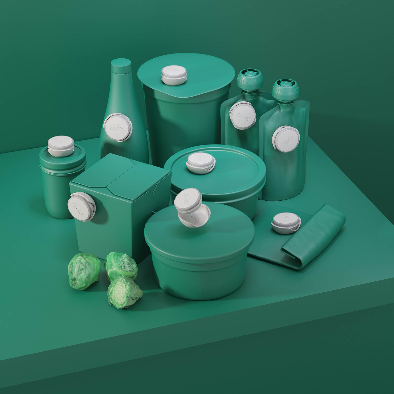 Stylized dark green image with 9 Ovie LightTags placed on various food-shaped containers that match the background. All LightTags are unlit